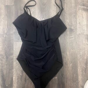 Ruffled Black One-Piece Swimsuit with Adjustable Straps